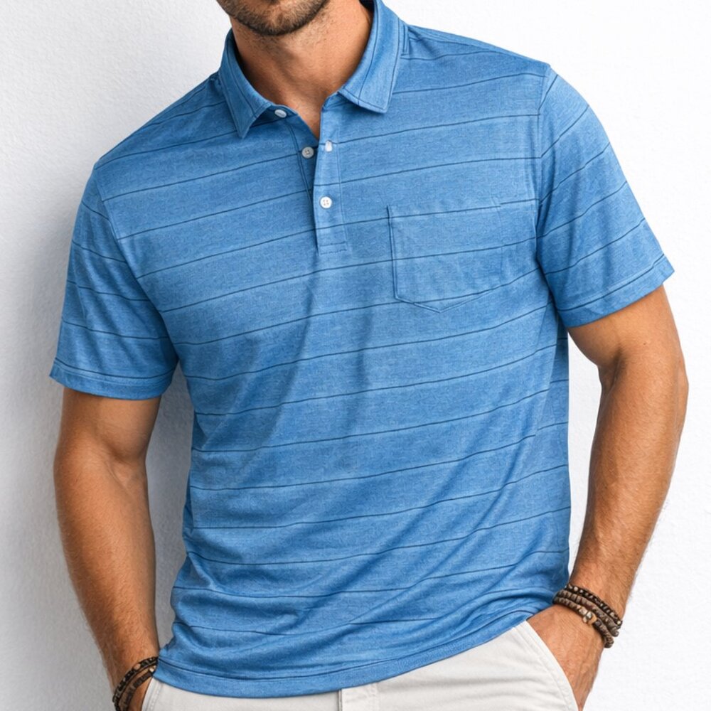 Fish Hippie Co Blue Striped Polo Shirt Men XXL Stretch Casual Golf Pocket 2XL
